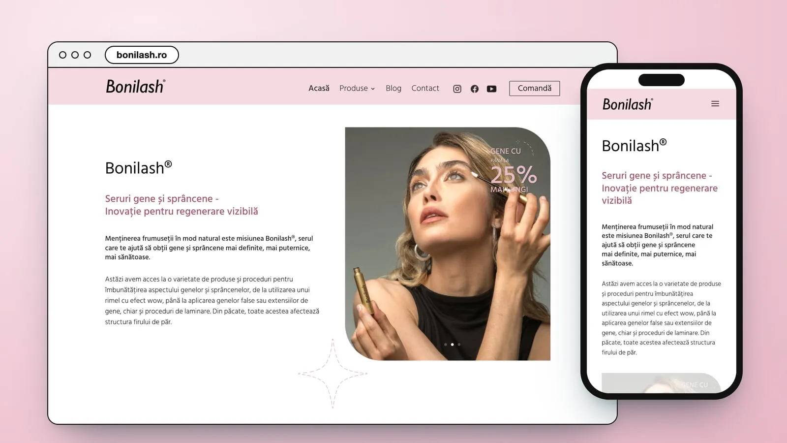 bonilash.ro in a browser window and on a phone: a woman holding the lash serum, beside the line Seruri gene și sprâncene - Inovație pentru regenerare vizibilă
