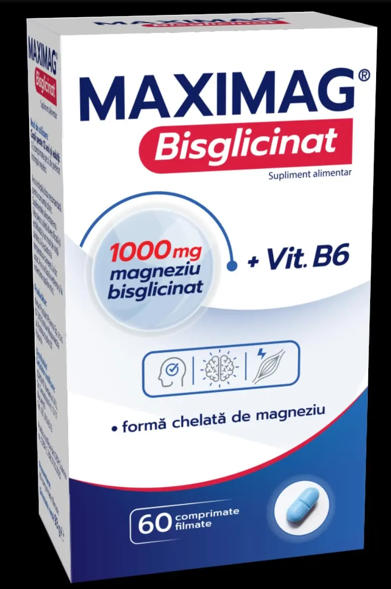 The Maximag Bisglicinat box: 1000 mg magneziu bisglicinat, Vit. B6, 60 comprimate filmate