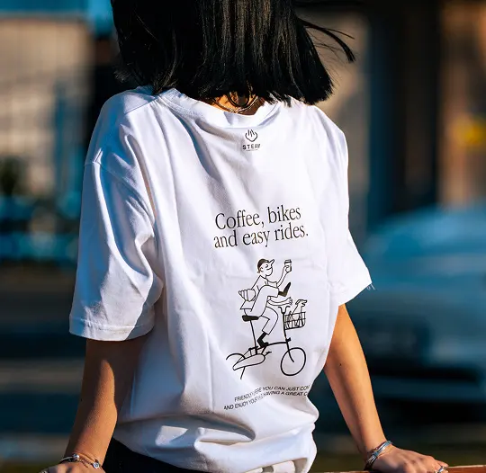 Back print of a white Steam T-shirt
