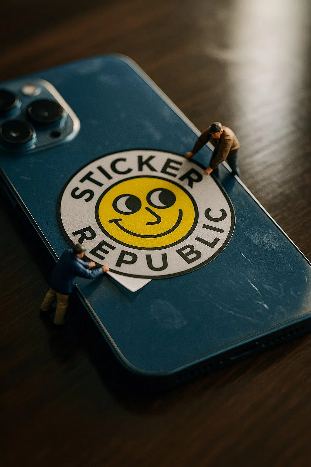 Two miniature figures smooth a round Sticker Republic smiley sticker onto the back of a blue phone