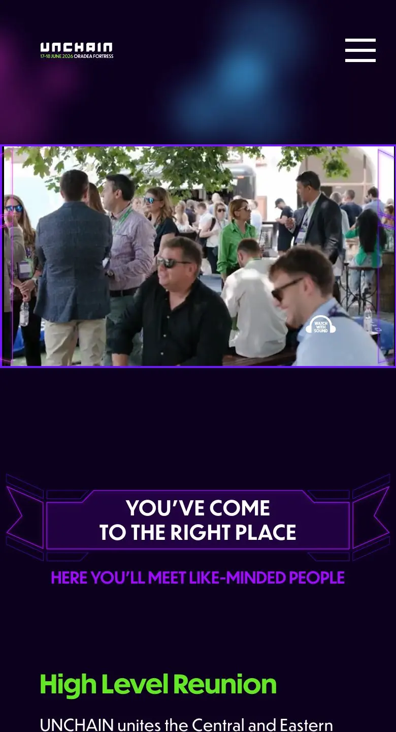 Homepage-ul pe telefon: aftermovie-ul într-o ramă de neon, apoi You've come to the right place