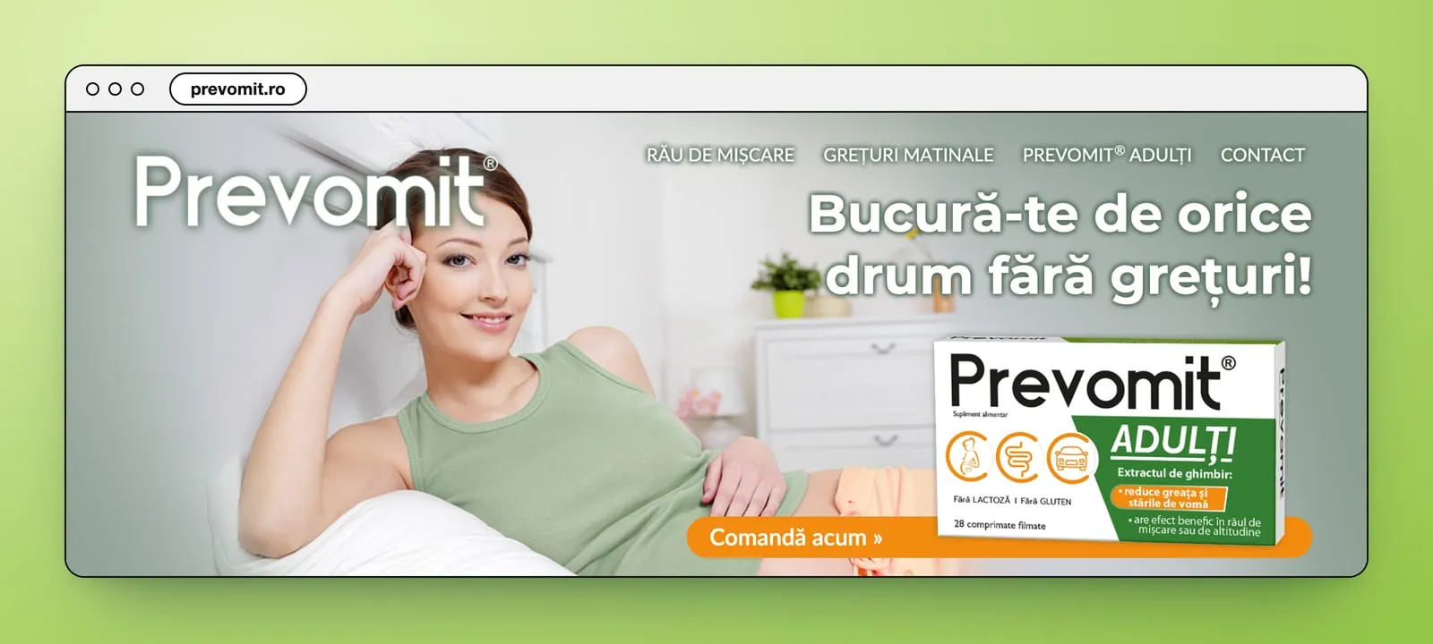 The adults' page hero: a woman resting on a white sofa, the Prevomit logo, the line Bucură-te de orice drum fără grețuri!, the Prevomit Adulți box and an orange Comandă acum button