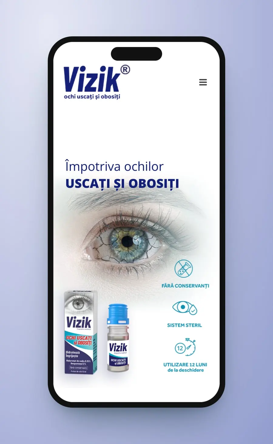 Pagina albastră pe telefon: logoul Vizik, „Împotriva ochilor uscați și obosiți”, ochiul uscat, cutia, flaconul și trei pictograme