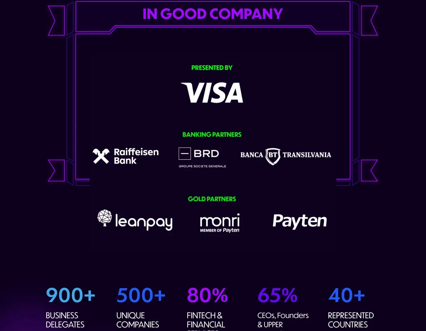 In Good Company: presented by Visa, partenerii bancari Raiffeisen Bank, BRD și Banca Transilvania, partenerii gold Leanpay, Monri și Payten, apoi cifrele delegaților