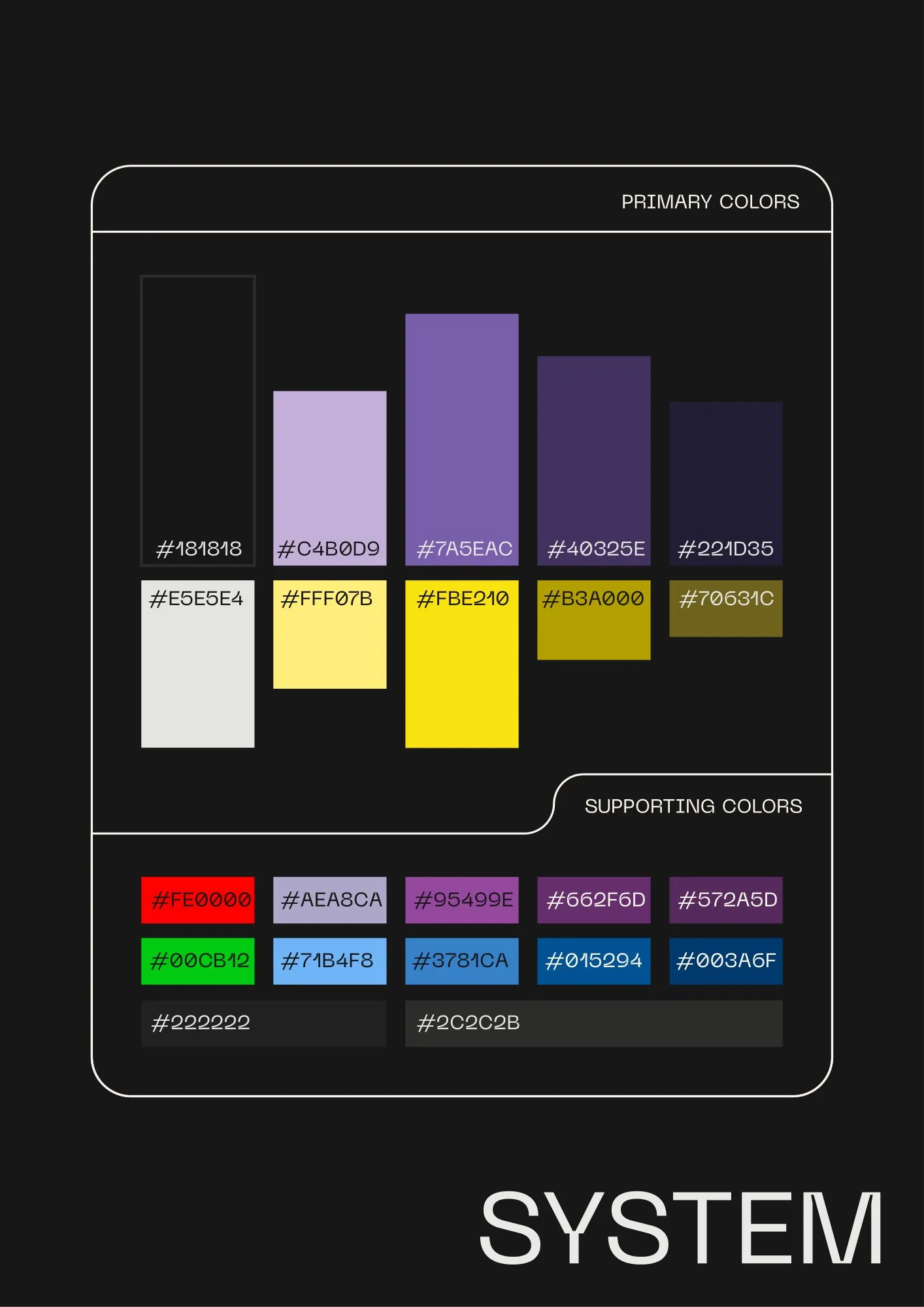 The colour system: primary purples, yellows, black and light grey, plus supporting colours, each with its hex code