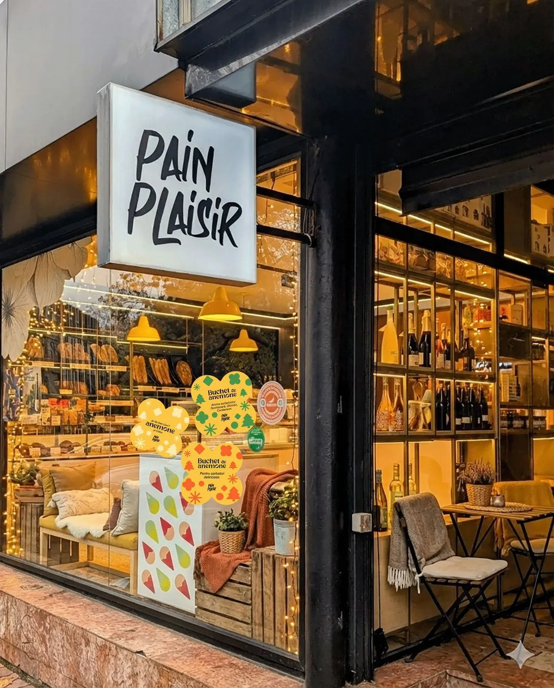 Storefront with stickers in the window