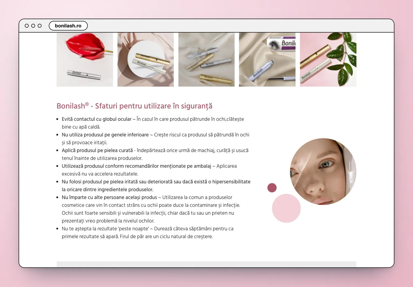 A strip of five product photos above Bonilash® - Sfaturi pentru utilizare în siguranță, a list of safety tips beside a round portrait