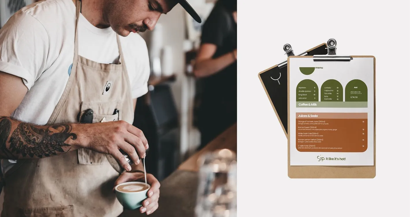 A barista pouring latte art, and the Sip menu on a clipboard