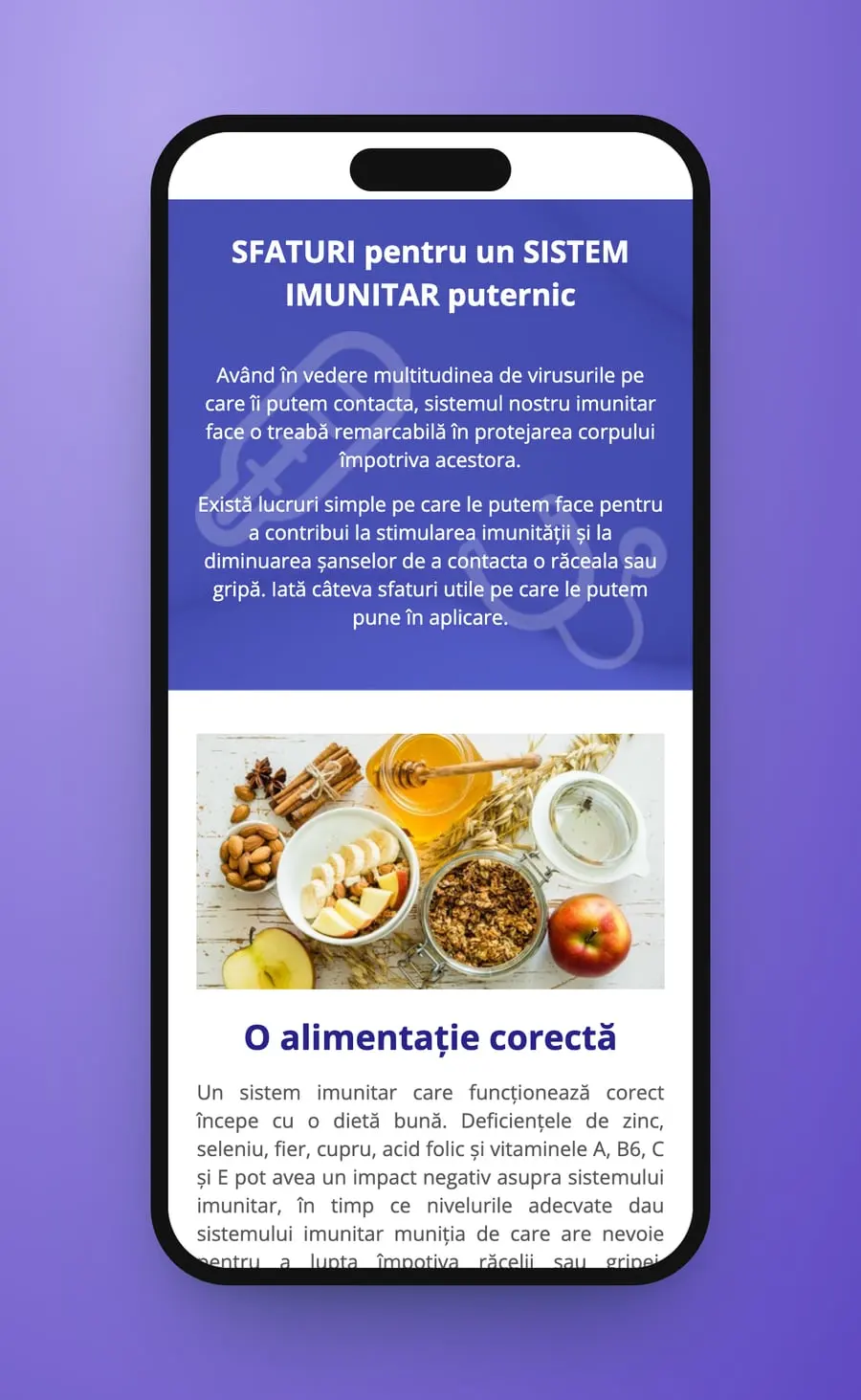 Banda „SFATURI” pe telefon, apoi o fotografie cu micul-dejun și „O alimentație corectă”