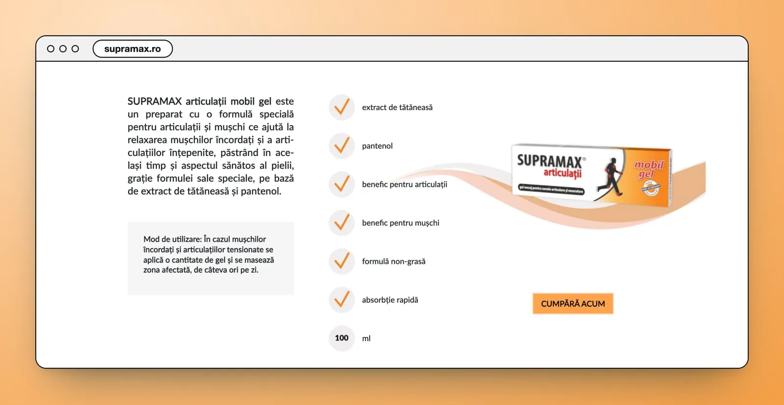 SUPRAMAX articulații mobil gel: the tube on an orange swoosh, a column of ticks from extract de tătăneasă to 100 ml, the directions in a grey box and a Cumpără acum button