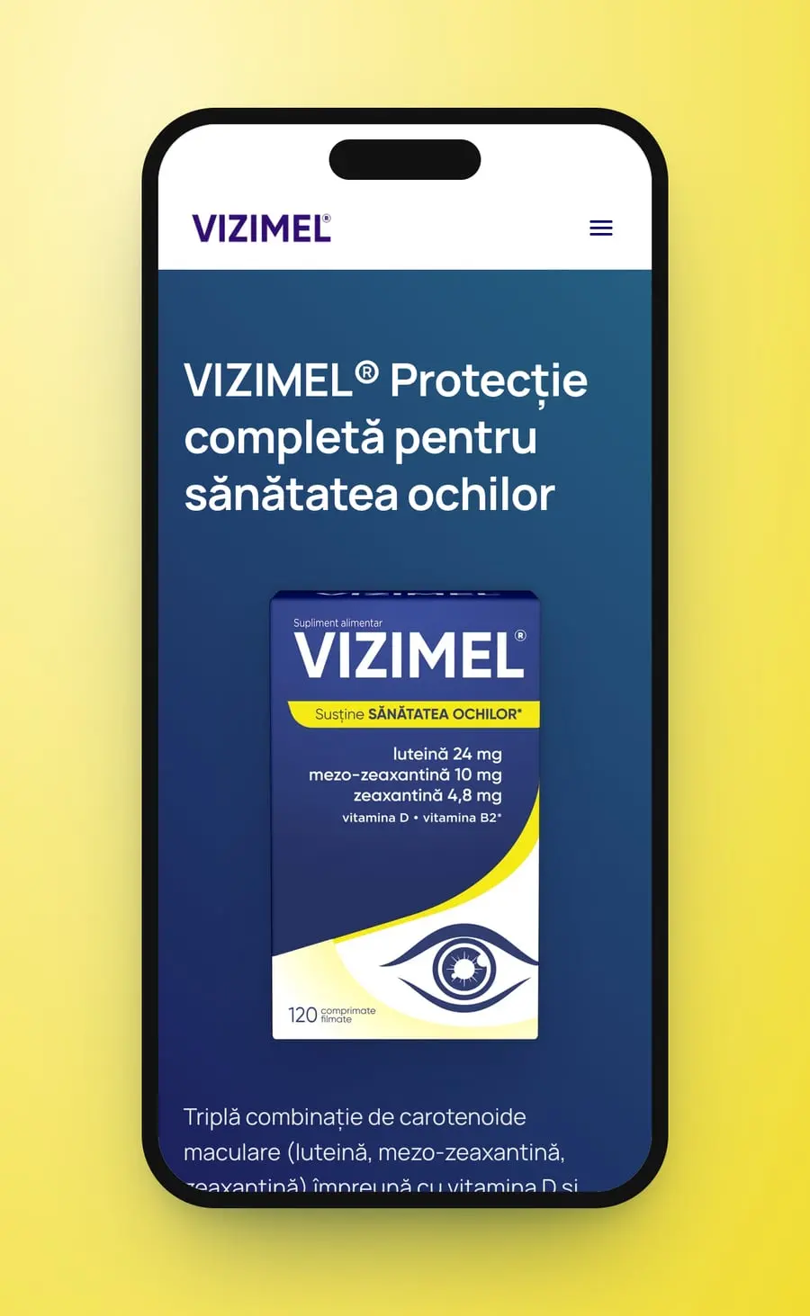 Primul ecran pe telefon: logoul Vizimel, pictograma meniului, rândul, cutia bleumarin și începutul paragrafului