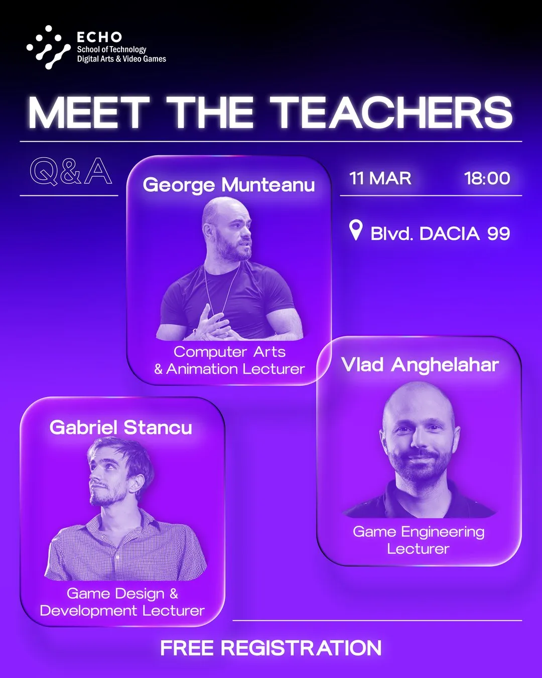 Meet the Teachers poster with George Munteanu, Gabriel Stancu and Vlad Anghelahar