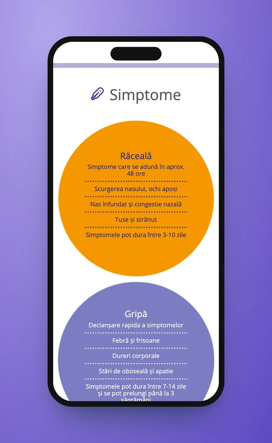 „Simptome” pe telefon: cercul portocaliu al răcelii deasupra celui mov al gripei