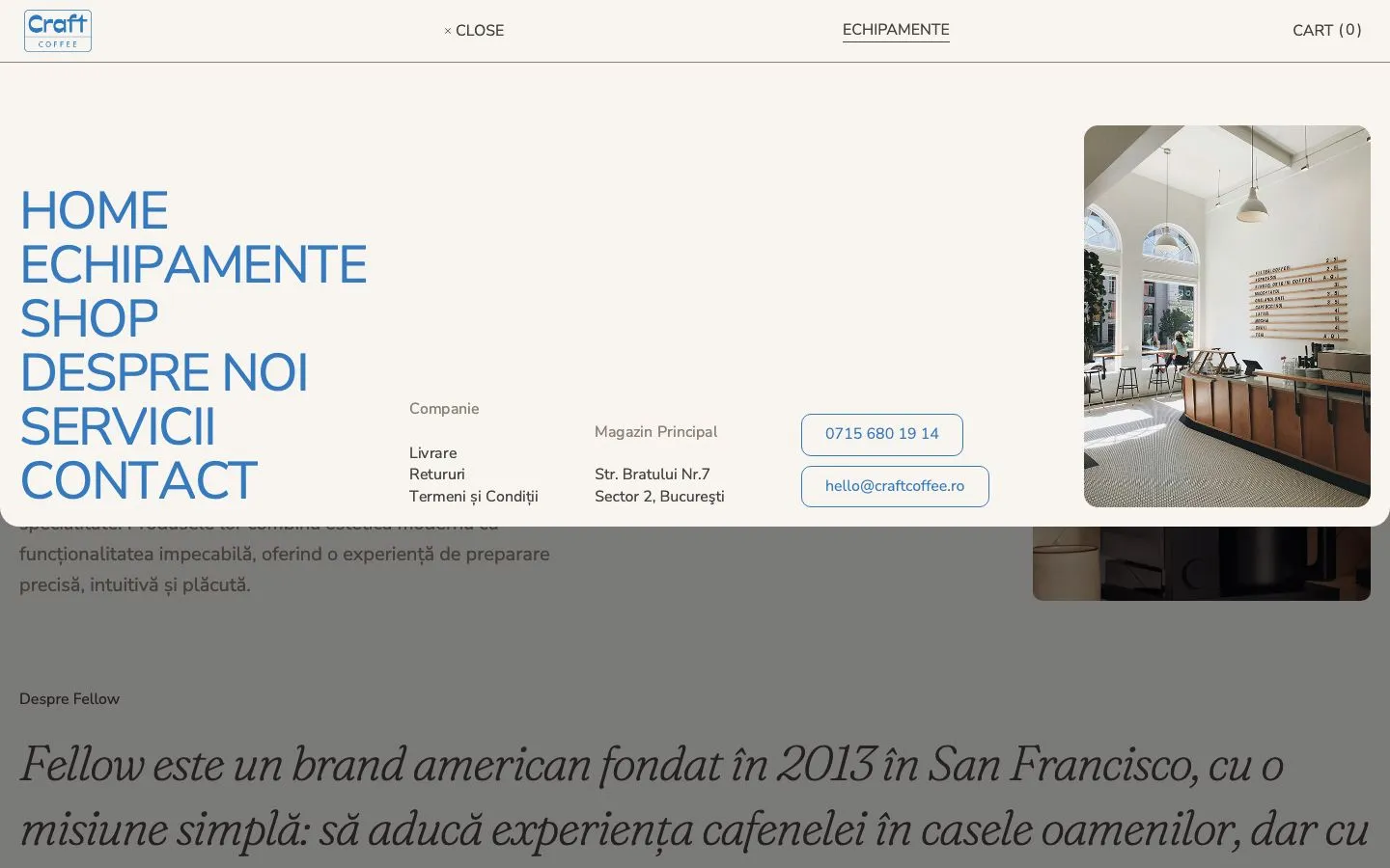The open menu: Home, Equipment, Shop, About, Services, Contact, with the Bucharest showroom