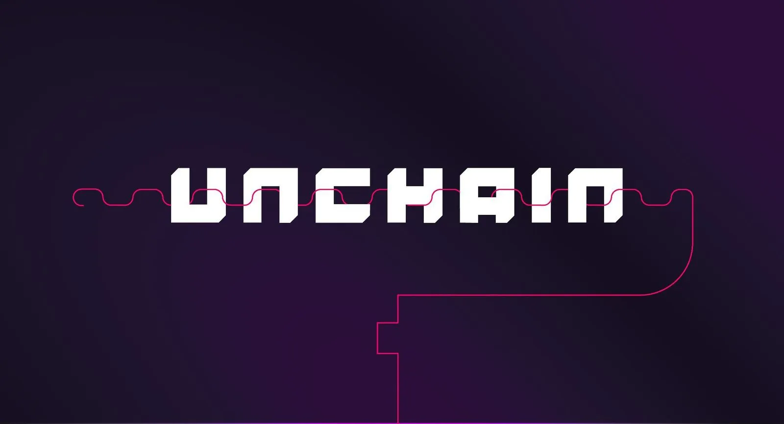 Logoul UNCHAIN pe un mov închis, cu un fir roșu care trece prin el