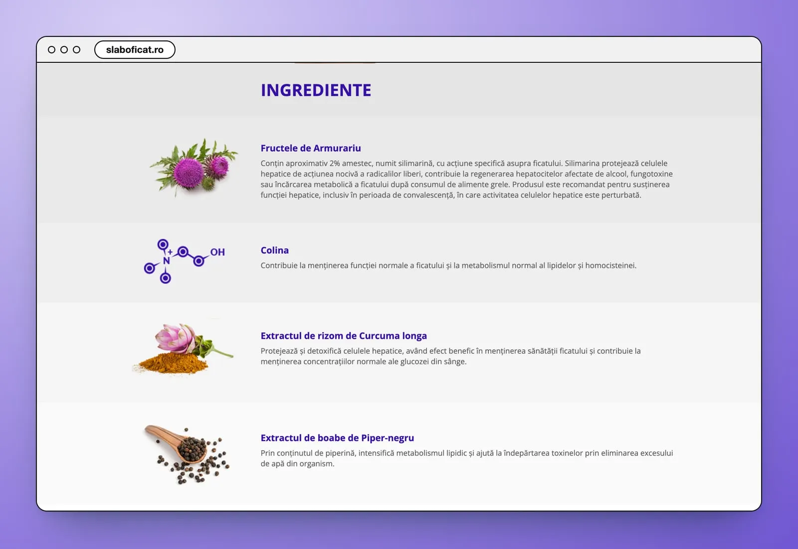 Ingrediente: Fructele de Armurariu with a thistle flower, Colina with its molecule, Curcuma longa and Piper-negru with their pictures, one row each