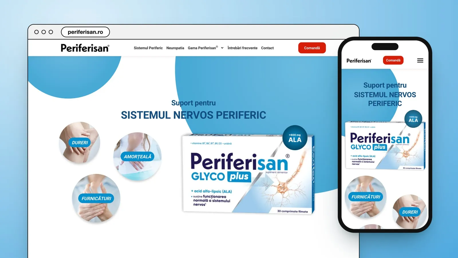periferisan.ro in a browser window and on a phone: the Periferisan GLYCO plus box and three round photos marked Dureri, Amorțeală and Furnicături
