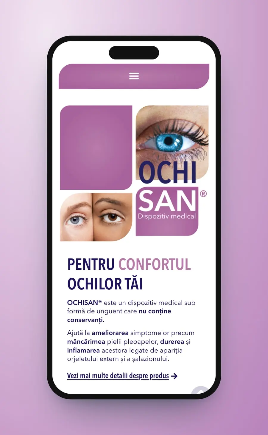 The first screen on a phone: the lilac menu bar, the tile grid with the OCHI SAN logo and the line Pentru confortul ochilor tăi
