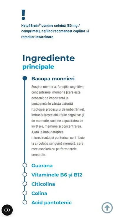 Pagină de mobil cu ingredientele principale