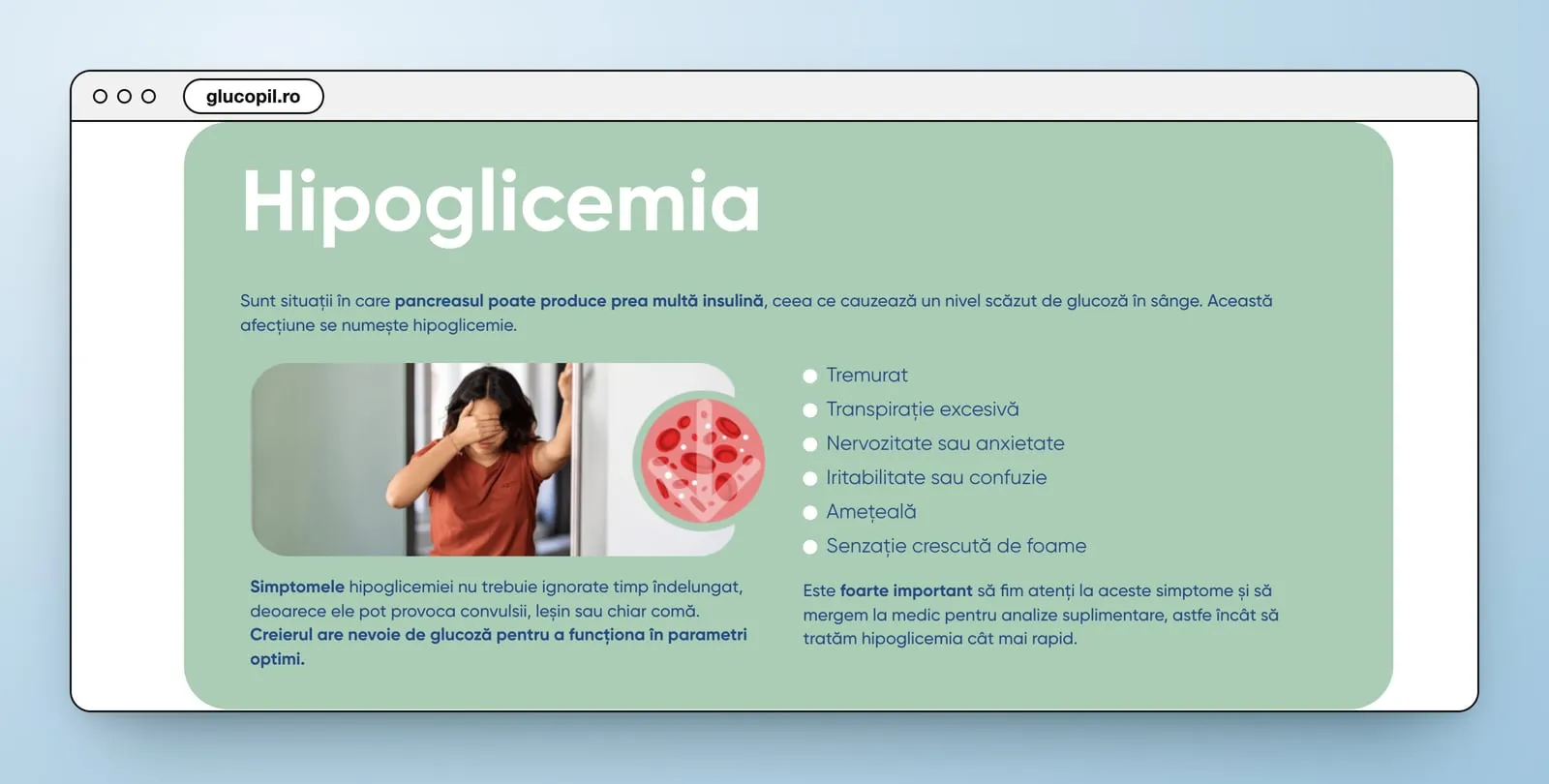 Hipoglicemia: a green card with a photo of a woman at an open fridge and a list of symptoms