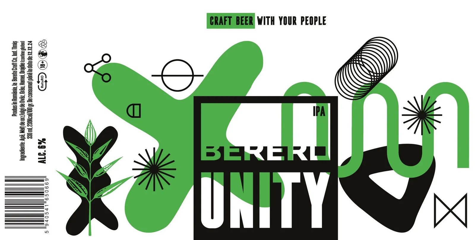 The Berero UNITY can label: black and green shapes, IPA