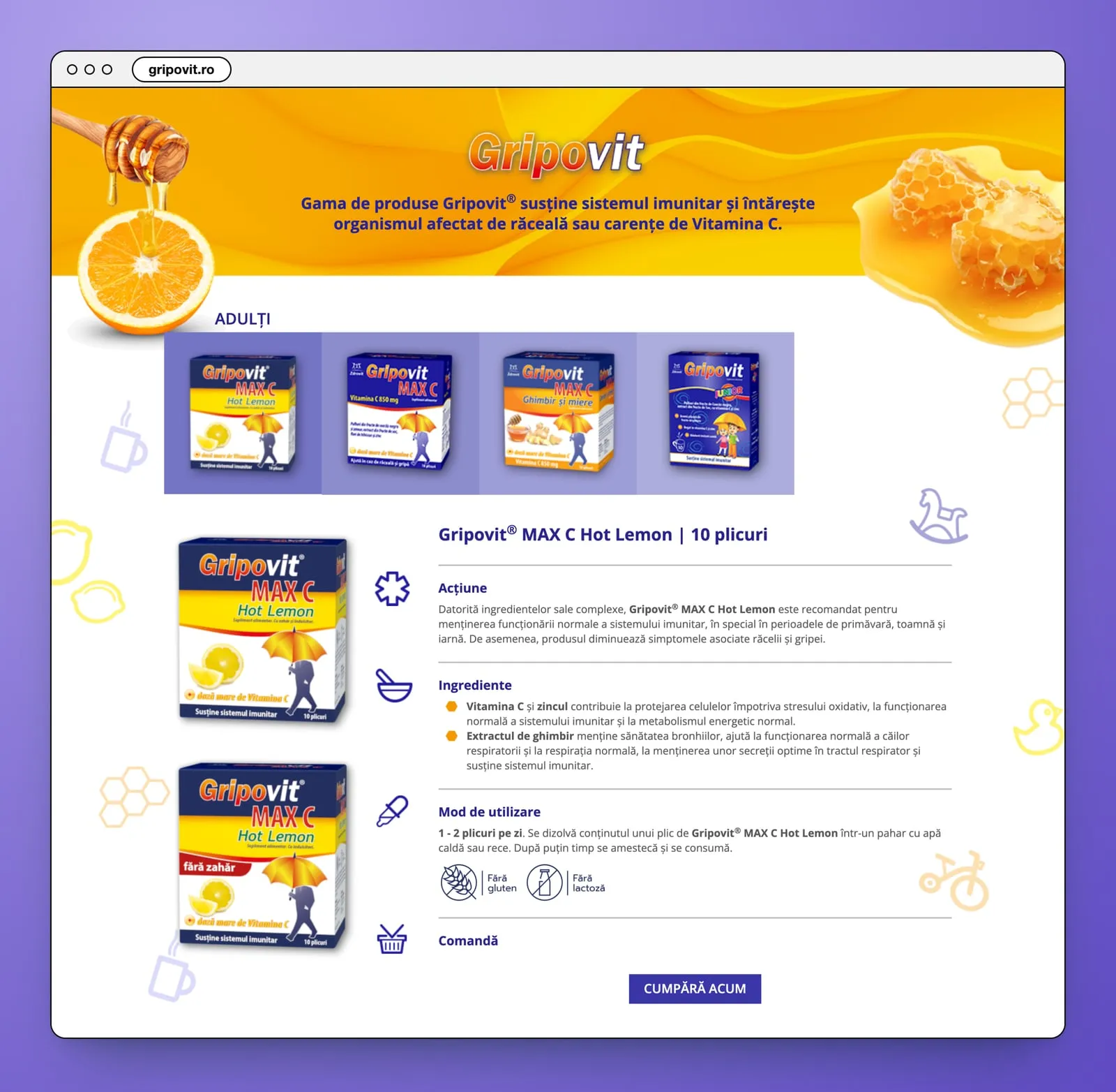 Un banner portocaliu cu miere și lămâie, rândul de cutii pentru adulți, apoi Gripovit® MAX C Hot Lemon, cu „Acțiune”, „Ingrediente”, „Mod de utilizare” și „Comandă”