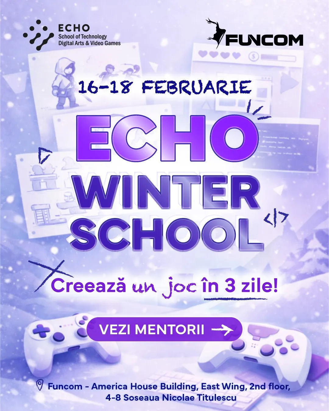 Carousel cover: Echo Winter School, Creează un joc în 3 zile, in a snowy scene with game controllers