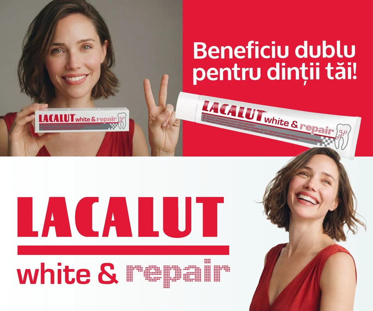 The home launcher: on top the woman with the tube and the line Beneficiu dublu pentru dinții tăi! on red, below the Lacalut white & repair logo on white