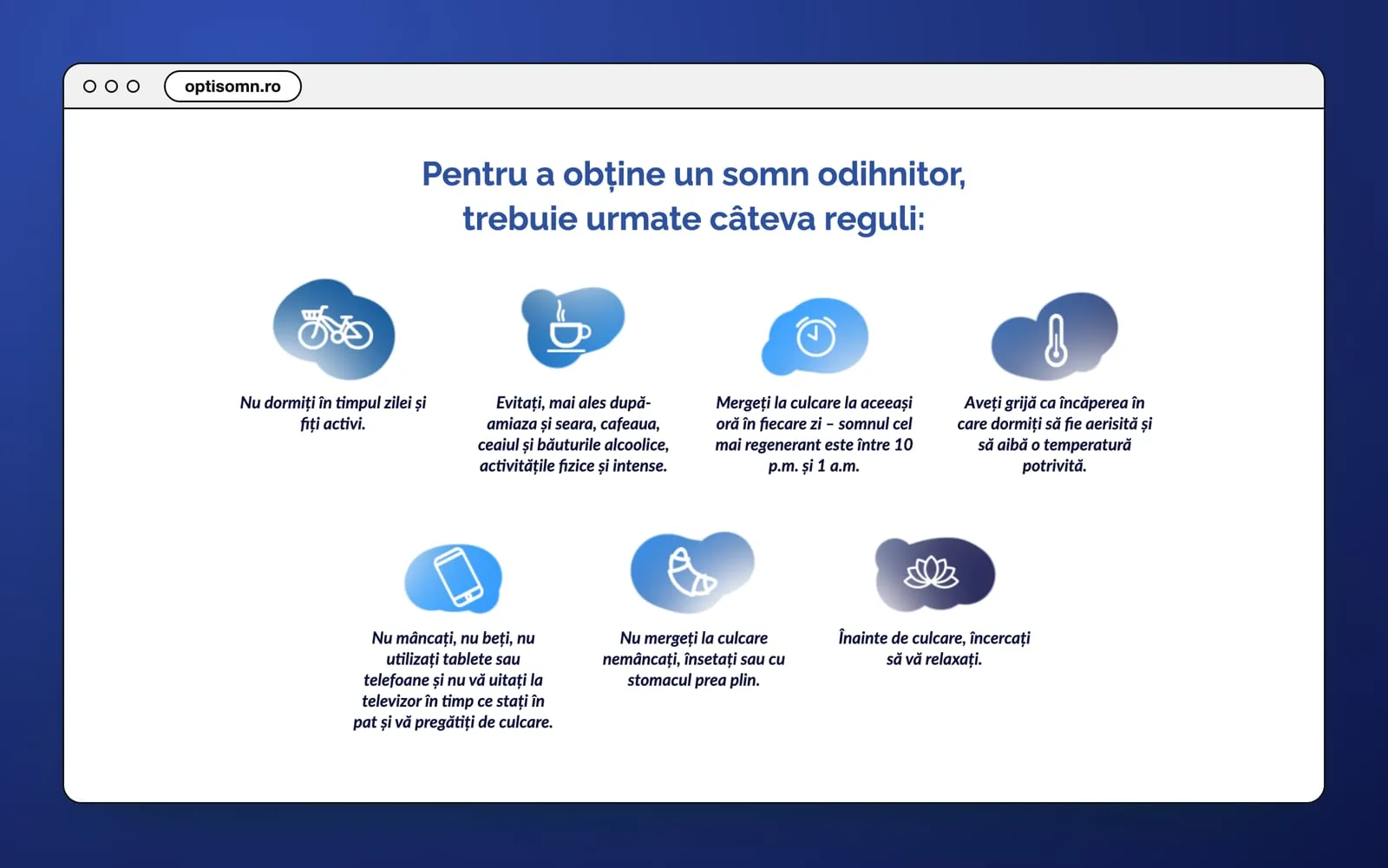 Pentru a obține un somn odihnitor, trebuie urmate câteva reguli: seven rules, each under a blue icon