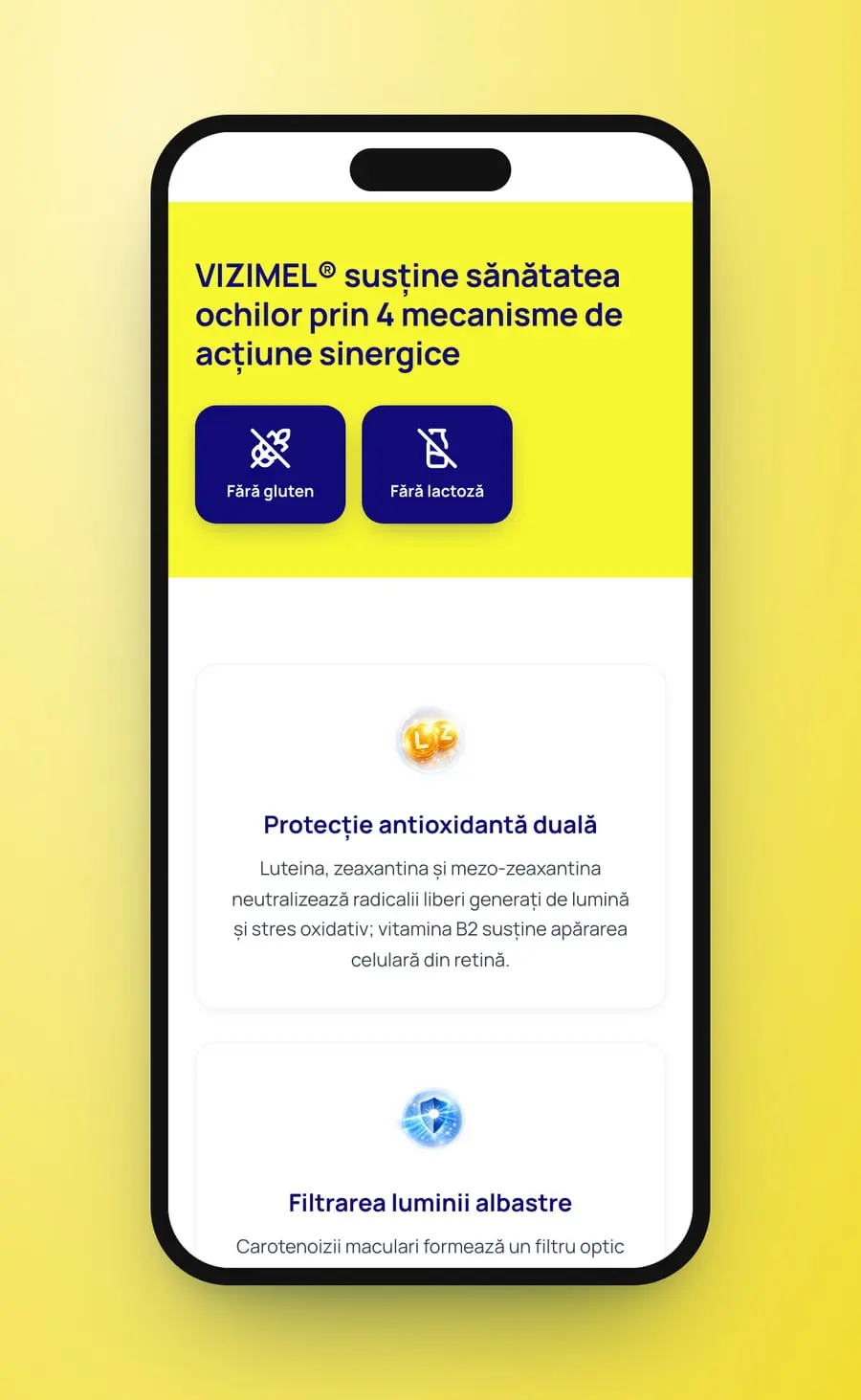 Banda galbenă pe telefon, cu „Fără gluten” și „Fără lactoză”, și primele cartonașe dedesubt