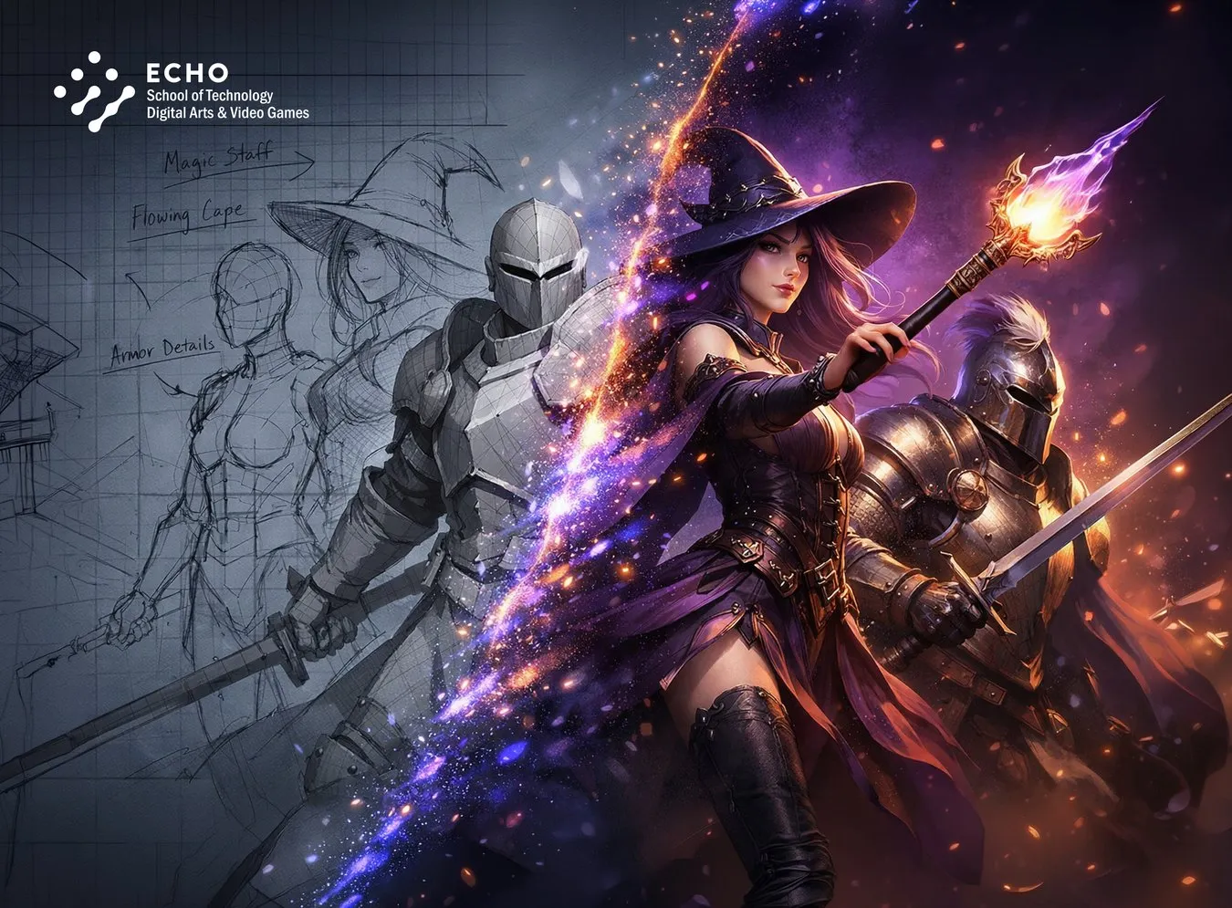 A witch, a knight and armoured heroes in colour, stepping out of pencil sketches