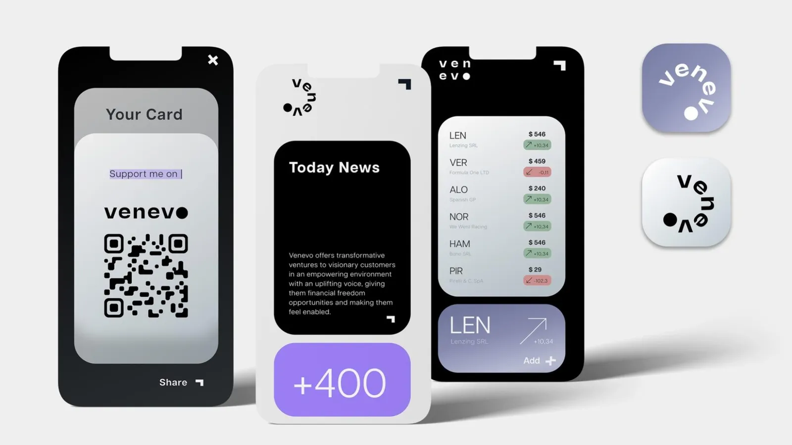 Three phone screens: a member card with a QR code, Today News, and a list of listings with prices