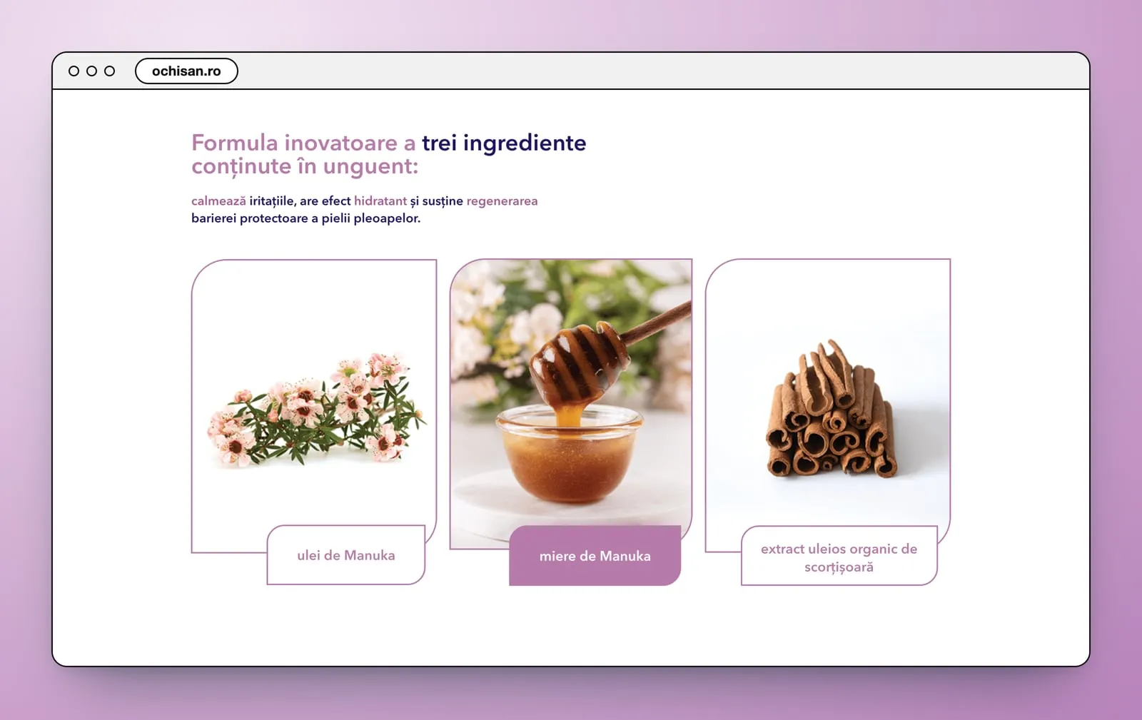 Formula inovatoare a trei ingrediente: three rounded photo tiles, Manuka flowers, a honey dipper over a jar of Manuka honey and cinnamon sticks, each with a lilac label