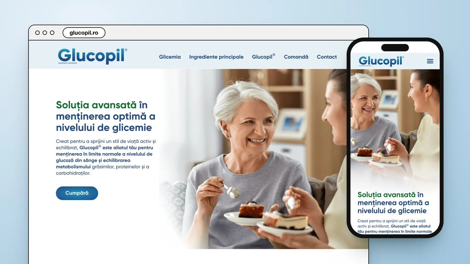 glucopil.ro in a browser window and on a phone: an older woman and a younger one sharing cake, beside the line Soluția avansată în menținerea optimă a nivelului de glicemie