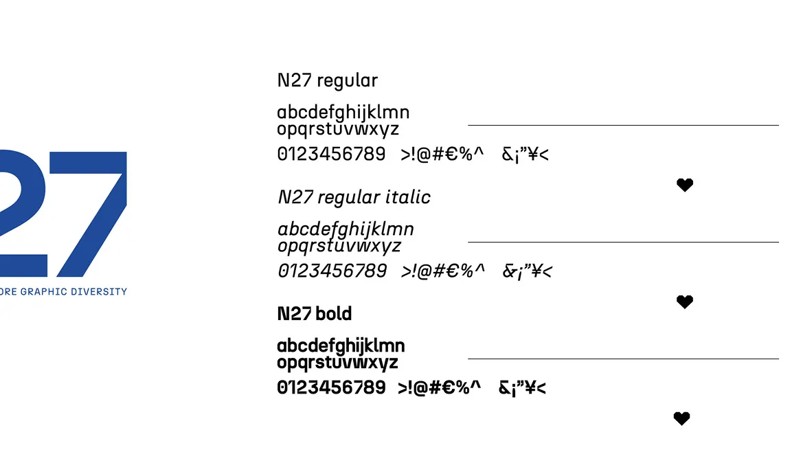 Type specimen of the N27 typeface in regular, italic and bold