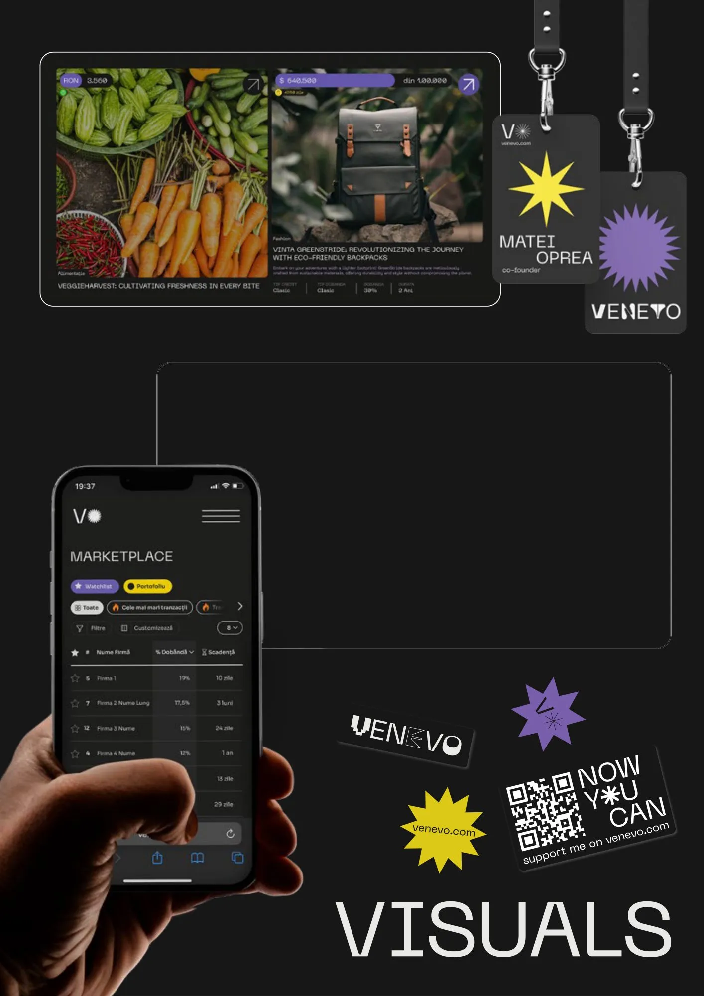 Guidelines page: a tablet, lanyard badges, a phone with the marketplace, stickers and a QR card