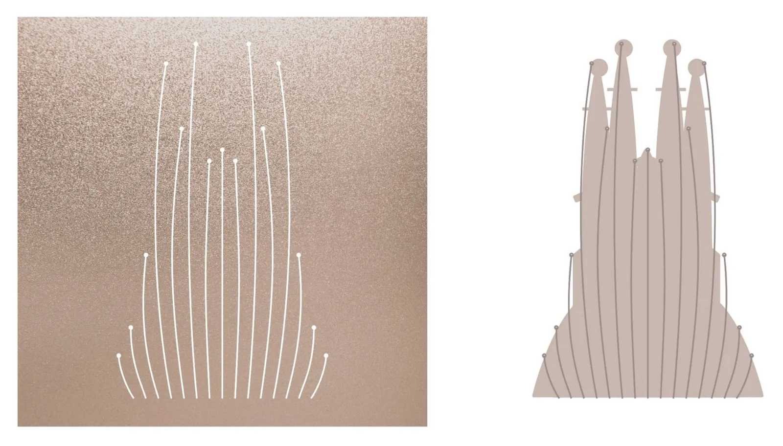 White lines on a sparkling taupe surface, next to the Sagrada Família silhouette traced with the same lines
