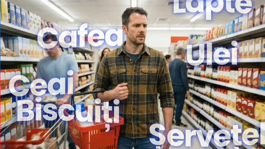 The same man in a supermarket aisle, the words Cafea, Lapte, Ulei, Ceai, Biscuiți and Servețele around him