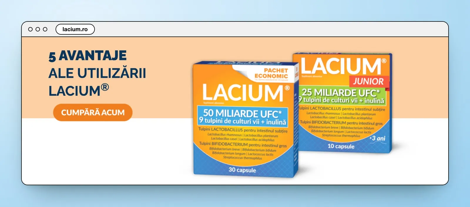 5 avantaje ale utilizării Lacium®: the Lacium and Lacium Junior boxes on peach, and a Cumpără acum button