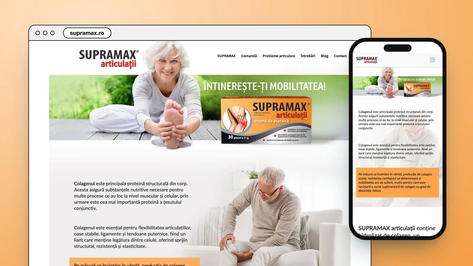 supramax.ro in a browser window and on a phone: a white-haired woman stretching on a wooden deck, the line Întinerește-ți mobilitatea! and the orange Supramax articulații box with peach flavour