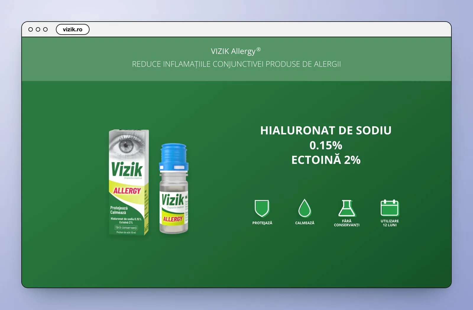Banda Vizik Allergy, în verde: cutia și flaconul, „Hialuronat de sodiu 0.15%, Ectoină 2%” și patru pictograme