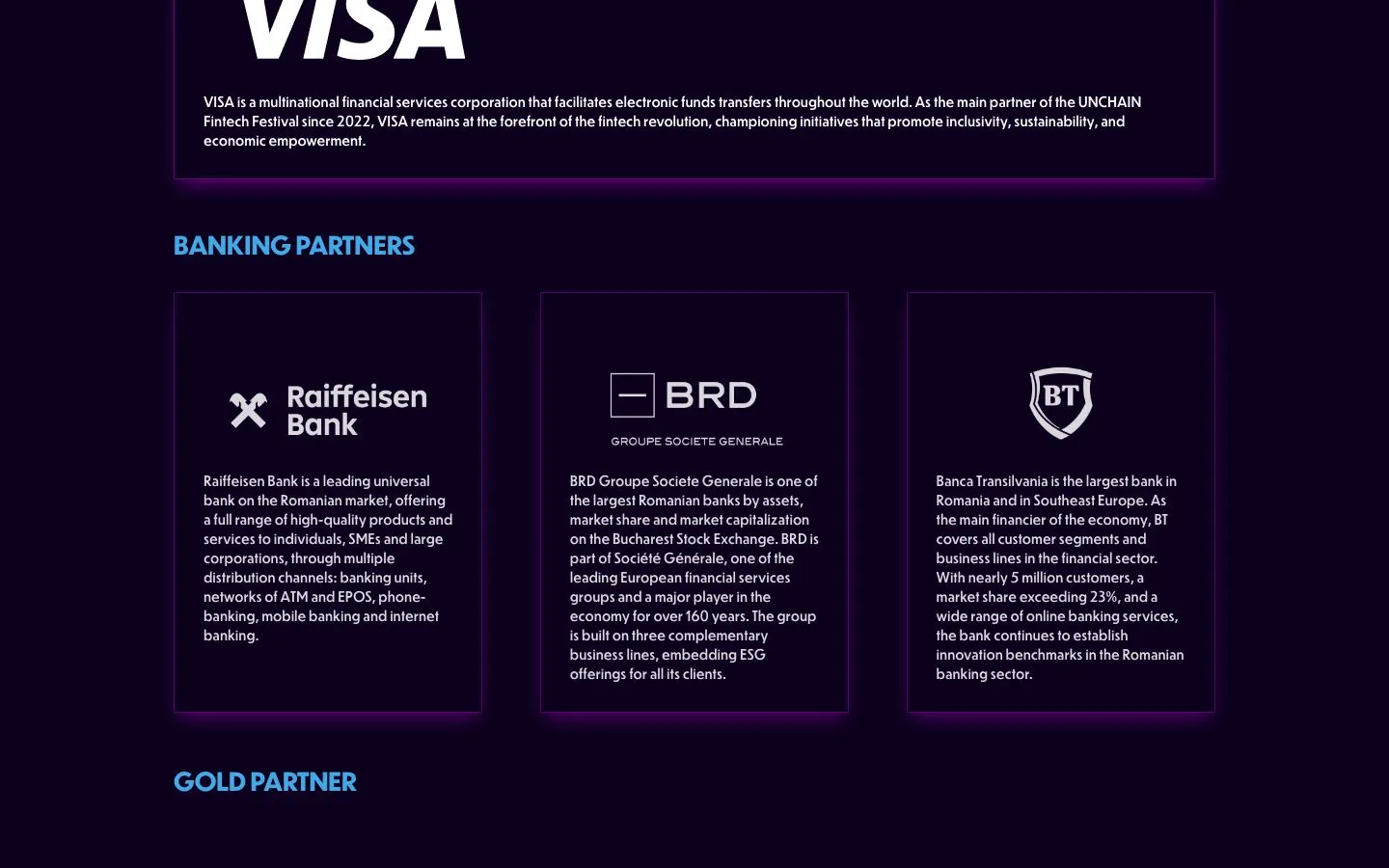 Pagina partenerilor: Visa ca partener principal, apoi Raiffeisen Bank, BRD și Banca Transilvania ca parteneri bancari, fiecare într-un card cu o scurtă descriere