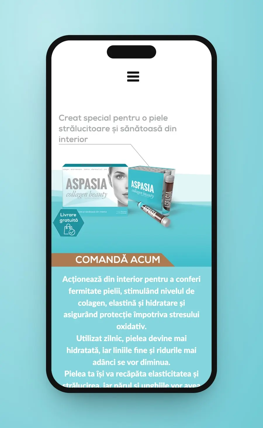 The first screen on a phone: the menu icon, the line, the box with a vial, the free delivery badge and the Comandă acum band