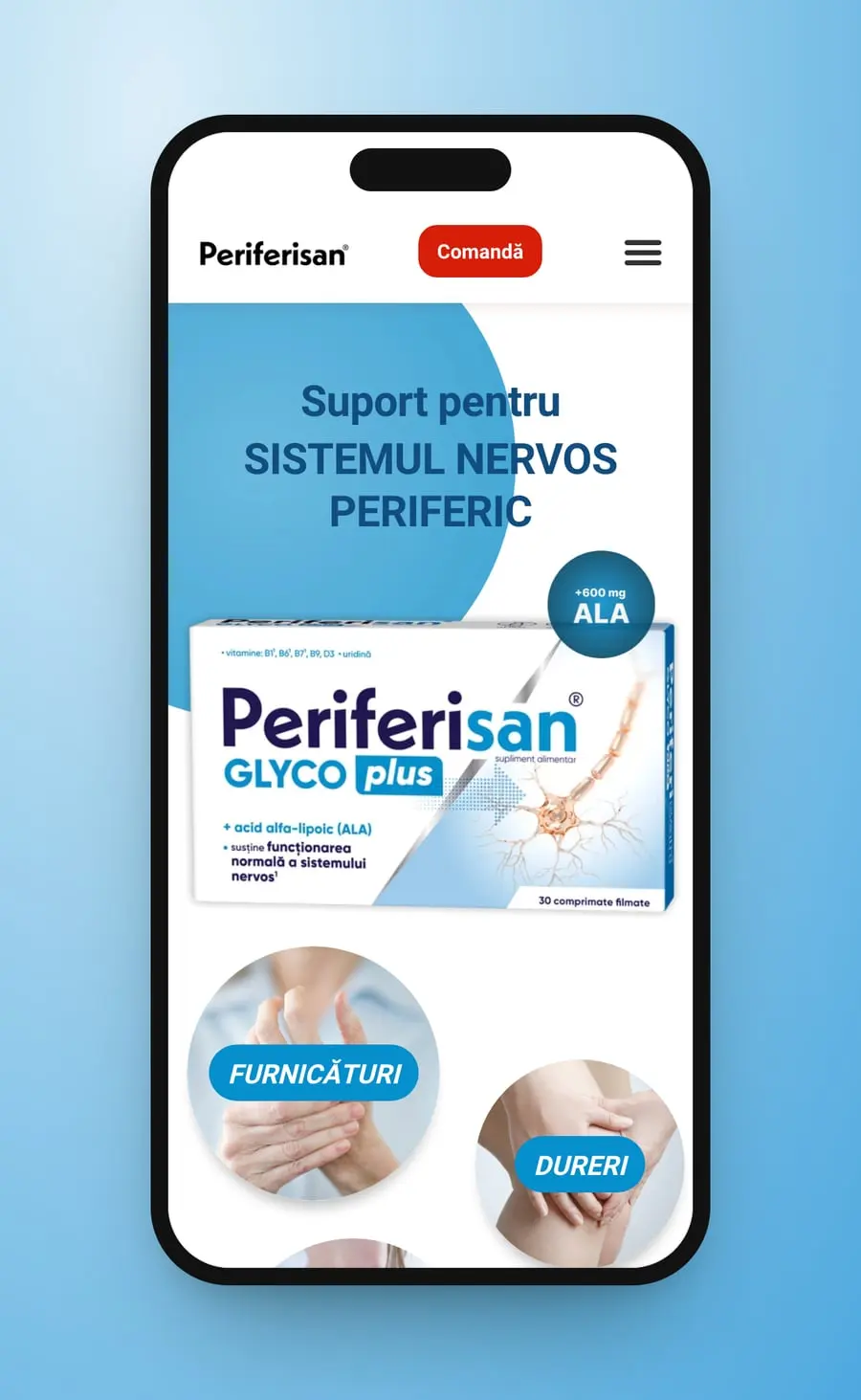 The first screen on a phone: Suport pentru sistemul nervos periferic, the GLYCO plus box and two of the symptom circles
