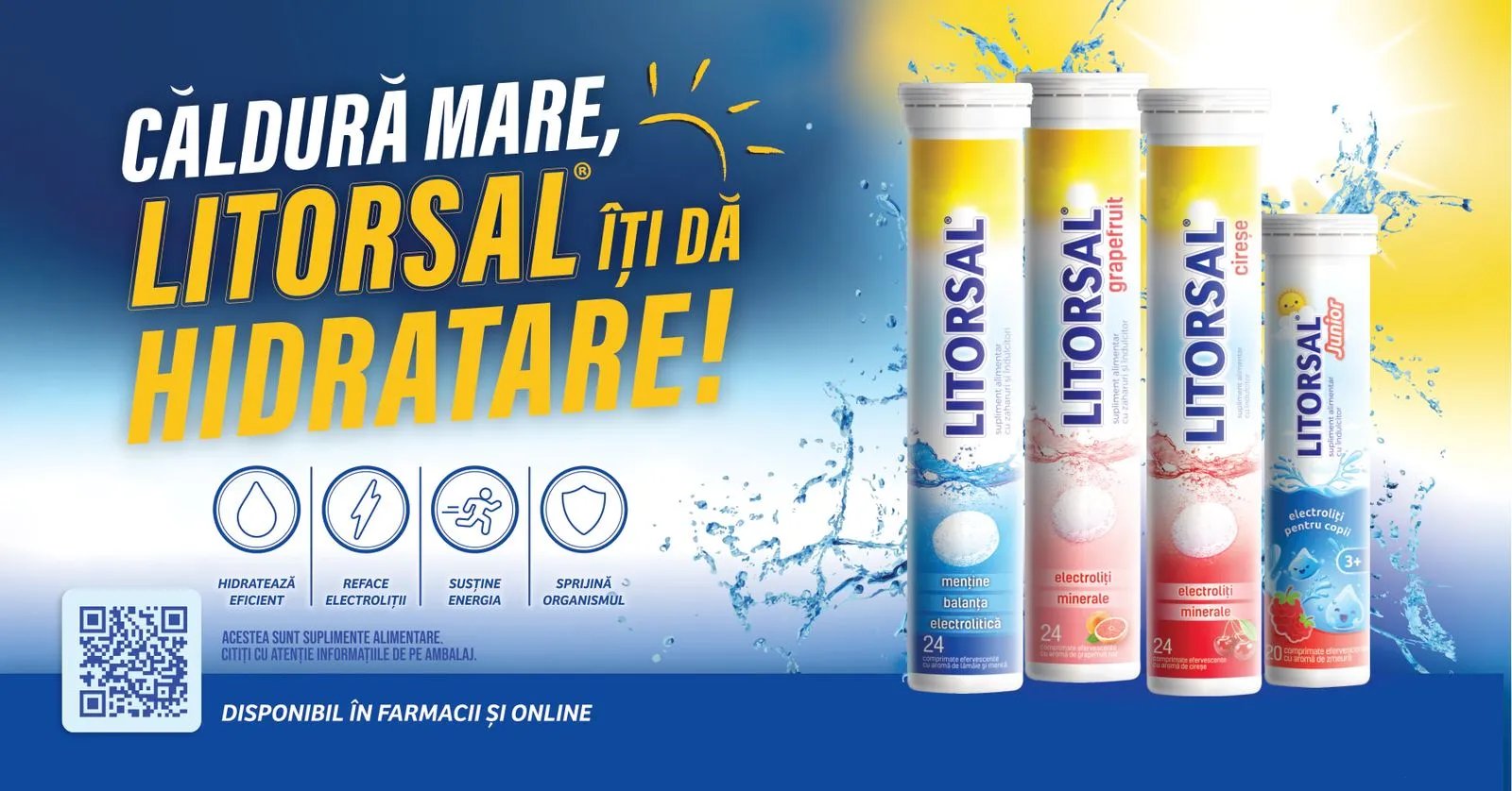 Billboard: Căldură mare, Litorsal îți dă hidratare! Four Litorsal tubes in front of the sun and splashing water, four icons and a QR code