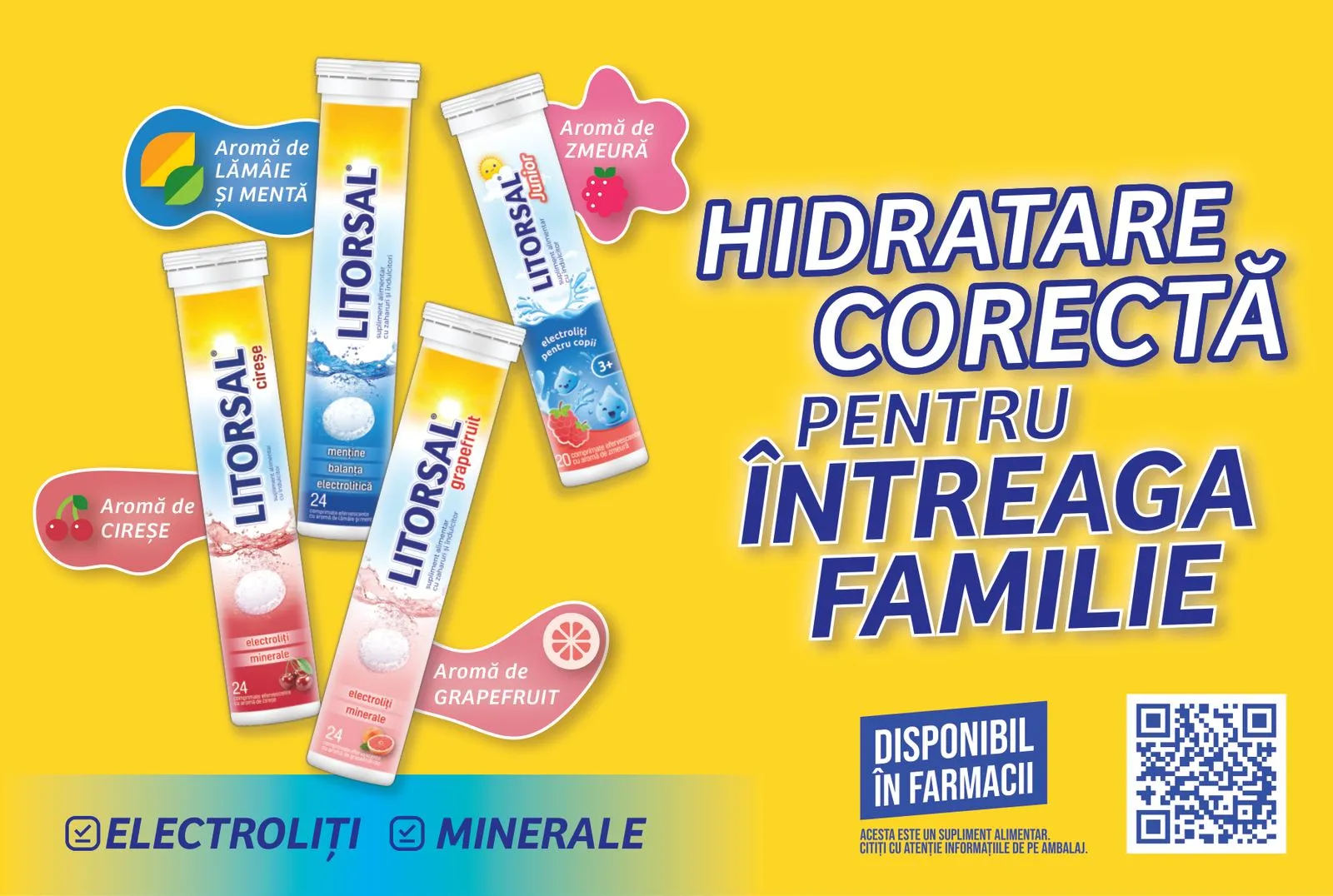 Yellow 60 x 40 cm poster: four Litorsal tubes fanned out with flavour tags, the headline Hidratare corectă pentru întreaga familie
