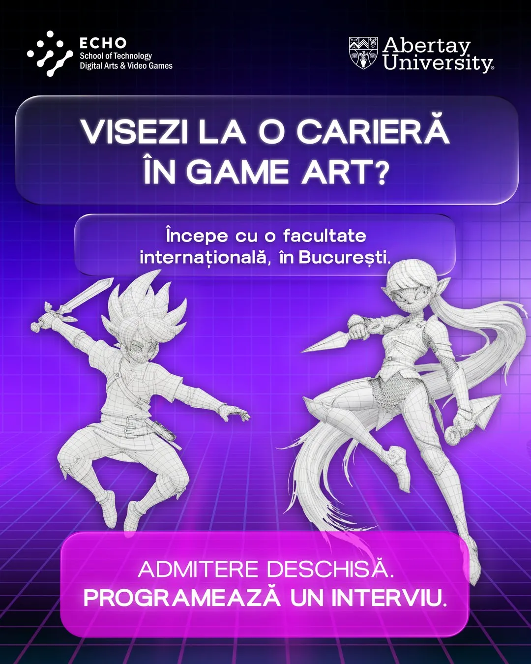 Two sketched game characters leaping, under the headline Visezi la o carieră în game art?