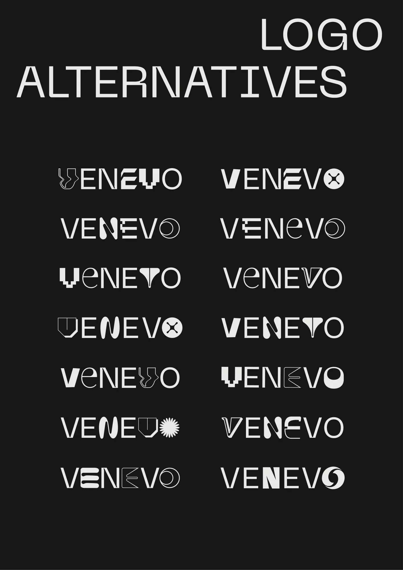 Fourteen versions of the VENEVO wordmark, each with different letter shapes