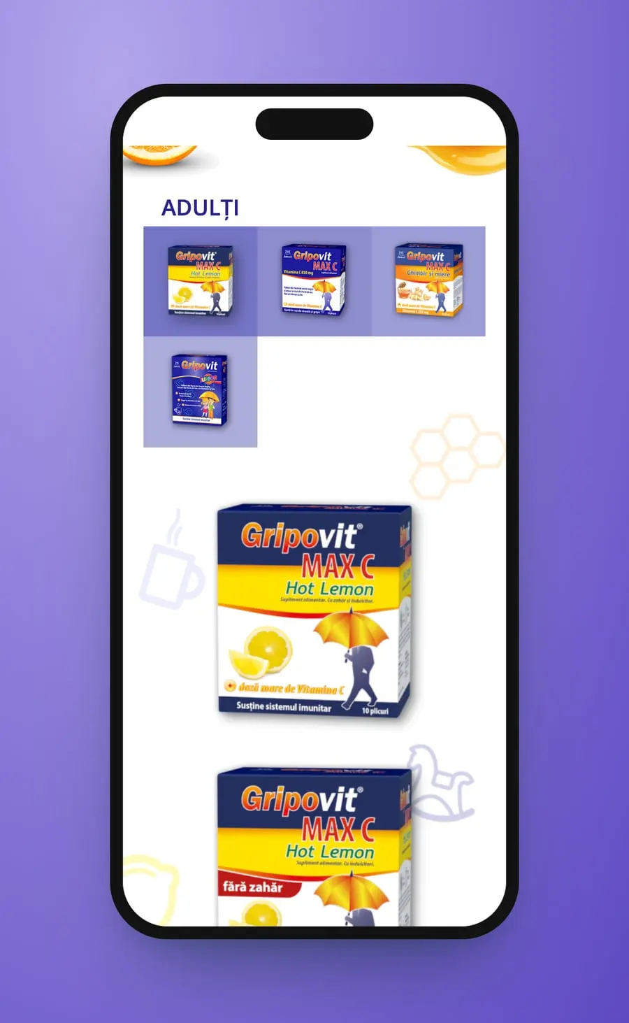 Gama pe telefon: grila „Adulți” cu cutii, apoi cutiile MAX C Hot Lemon