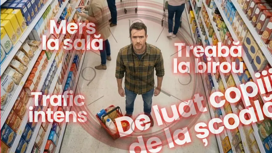 Seen from above, he stands still in the aisle while Mers la sală, Treabă la birou, Trafic intens and De luat copiii de la școală circle him